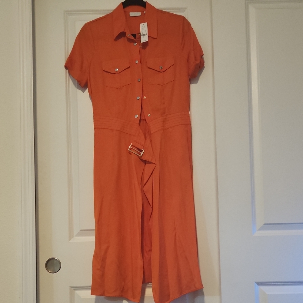 New York & Company Orange Midi Dress with Classic Silhouette
